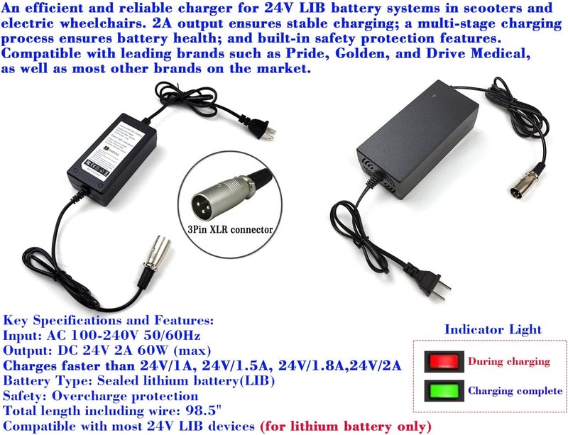 ActveMob 29.4V5A Mobility Scooter and Electric Wheelchair Charger,3 Prong, 3Pin,Male XLR Connector,Suitable for Most Brands of 24V Lithium Battery Mobility Scooter Electric Wheelchair, Universal Parts. - Image 3